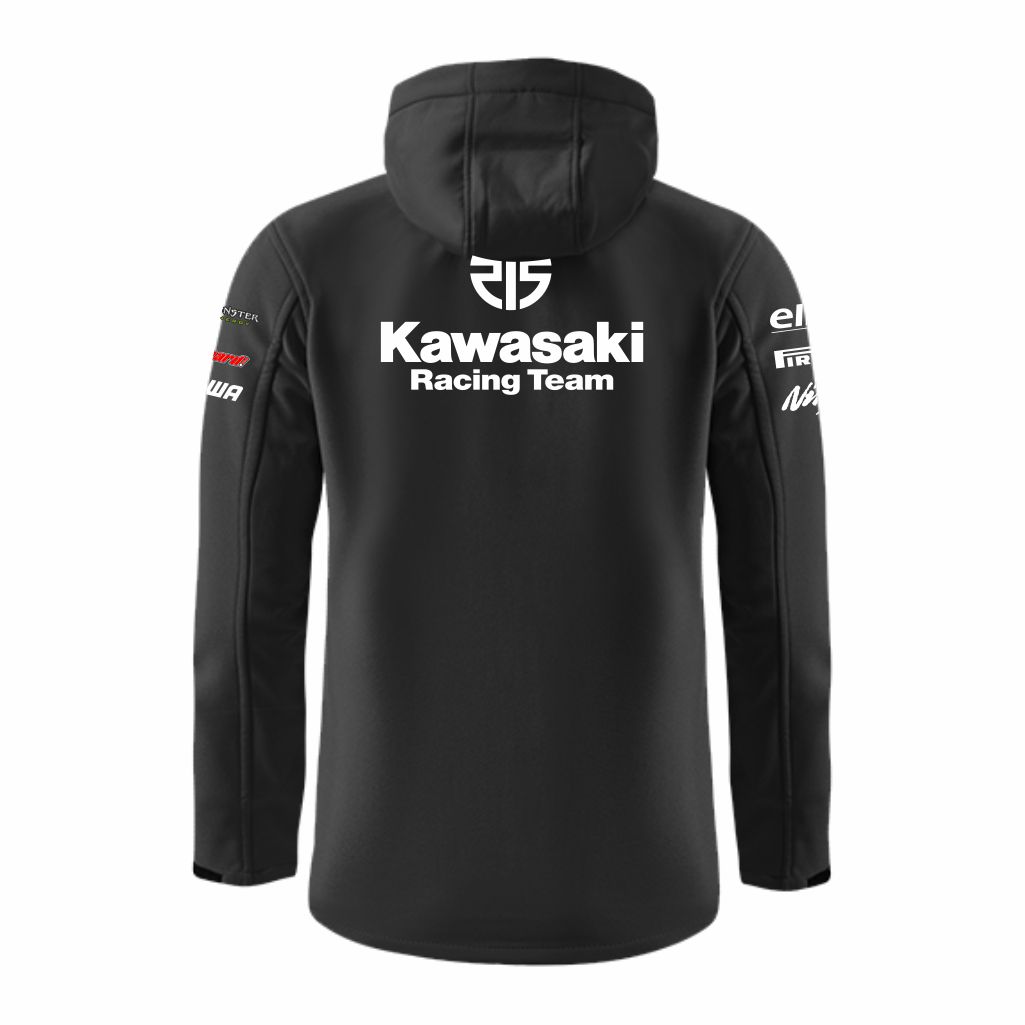 Kawasaki Racing Team Softshell Jakna (Tamno Siva) (Leđa) Kawasaki Racing Team Softshell Jakna U Tamno Sivoj Boji Sa Printom Sponzora Pogleda Sa Leđa