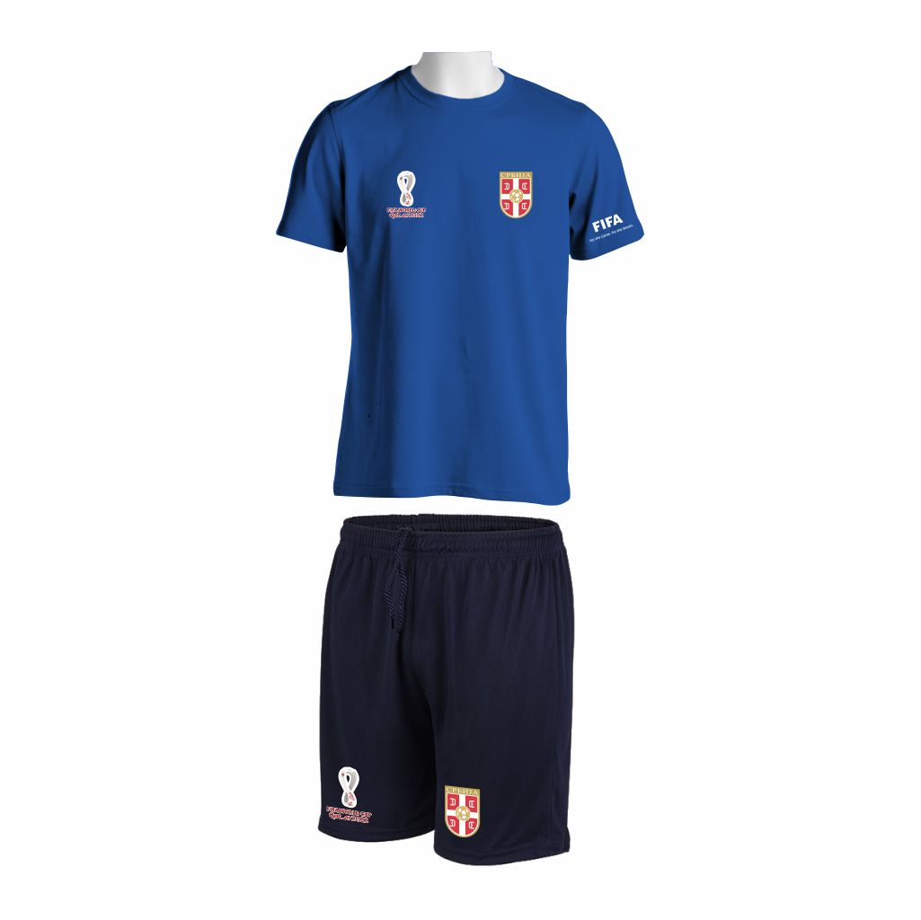 Trening Komplet Srbija-Qatar 2022 je oprema za trening koji se sastoji od majice i šorca sa štampom grbova.
